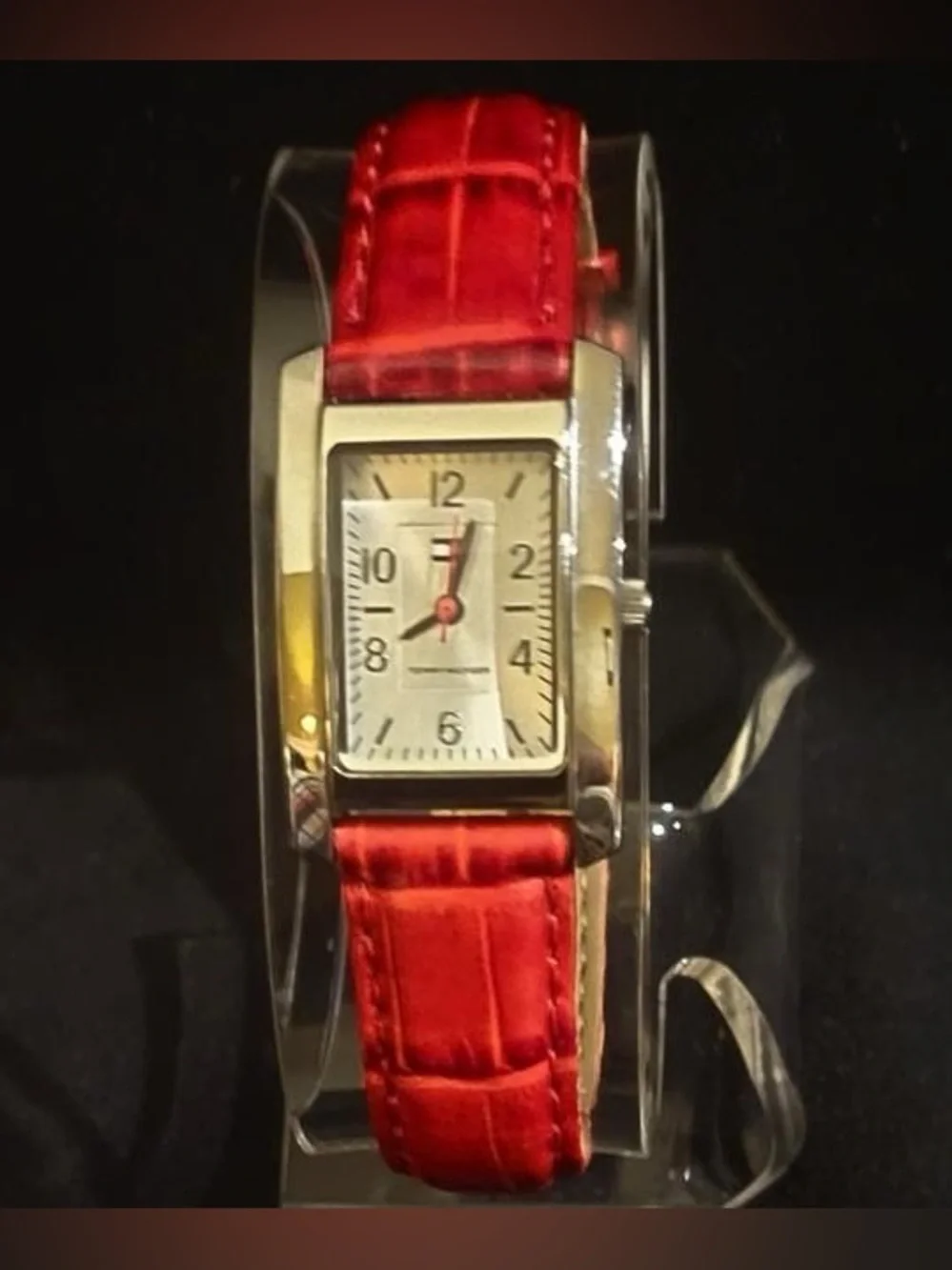 Tommy Hilfiger Red Croc Embossed Leather Silver Metal Women’s Strap Wristwatch